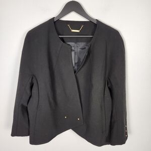 NWT Trina Turk Black Collarless Cropped Modern Cut Blazer Gold Buttons (12) #595